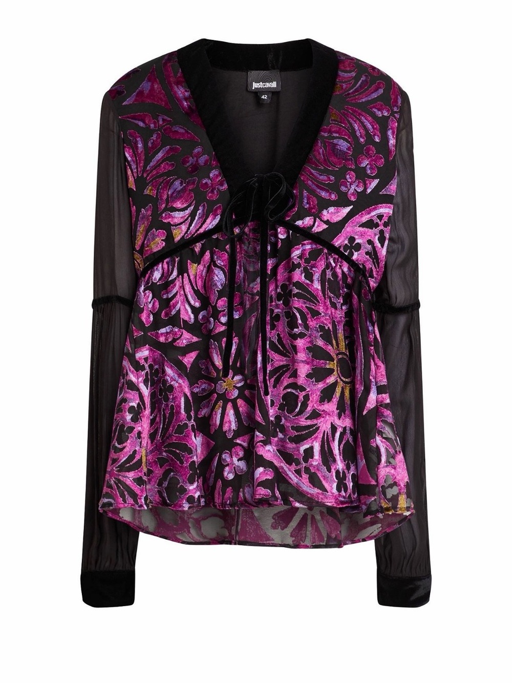 Just Cavalli Magenta and Black Velvet Burnout Floral Tie-Front Blouse